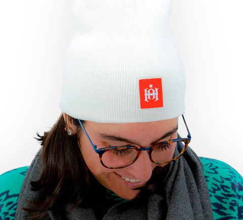 Red Star Beanie in White with Red Woven Label